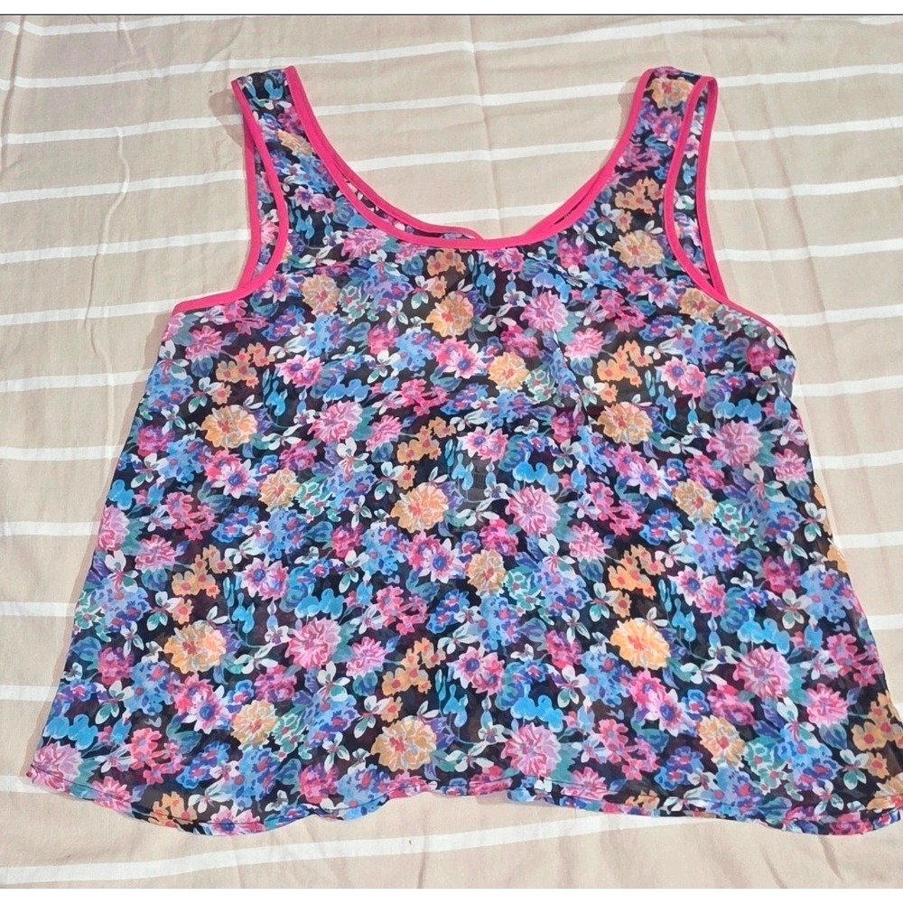 Wet Seal Floral Tank Top Navy Blue Pink Sheer Chiffon Open Back Tie Juniors